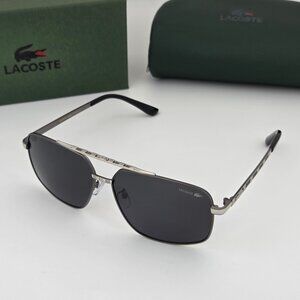 Lacoste Polarized Metal Aviator Sunglasses Gunmetal-Silver Frame Smoke Lens LC17